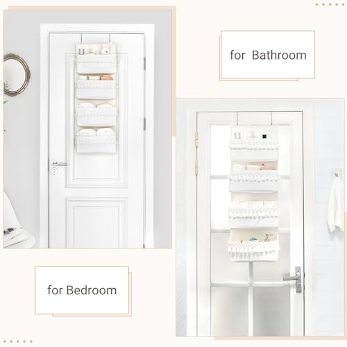 Dahey Over The Door Organizer Boho Nursery Storage Decor Closet Hanging Organizer with Tassels Decoration for Bedroom Nursery Bathroom Apartments Dorm Pantry, 4 Pockets, White - color: White, size: Medium