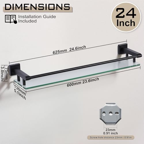 Glass Shelf for Bathroom Wall Sheves 24 inch Rectangular Stainless Steel Tempered Glass Modern Stainless Steel Wall Mount Accessories Organizers Storage (Matte Black) - color: Matte Black, size: 24'' with Railing