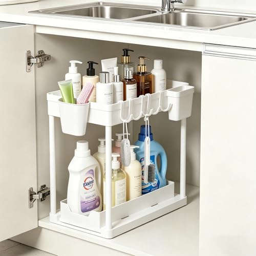 Under The Sink Organizer, 2 Tier Sliding Under Kitchen Sink Organizer, Multi-Use Pull Out Cabinet Organizer for Countertop, Bathroom, Pantry & Office Organization (White(1 pack)) - color: White(1 pack)