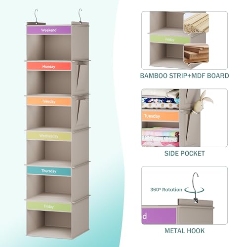 YOUDENOVA 6-Shelf Weekly Hanging Closet Organizer, Weekly Clothes Organizers for Kids with 2 Side Pockets, Light Grey - color: Light Grey