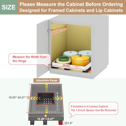 Pull out Cabinet Organizer,Expandable Width(11"-16"),Depth(17"-24") with 3 Rails,Roll out Drawers,No Drill Adjustable Slide out Shelves for Kitchen,Pantry,for Both Lip and Lip-Free Cabinets,Black(1PC) - color: Black, size: (11"W-16"W)X(17"D-24"D)