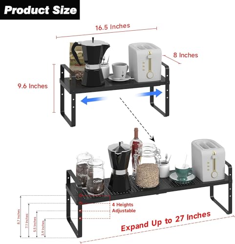 Expandable Kitchen Cabinet Shelf Organizer Rack Heavy Duty Metal Spice Rack Stackable Kitchen Counter Storage Shelf for Kitchen Cabinet Pantry Bathroom (Black - 16.5"-27" L x 8" W x 9.6" H - 3Pack) - color: Black - 16.5"-27" L X 8" W X 9.6" H - 3pack