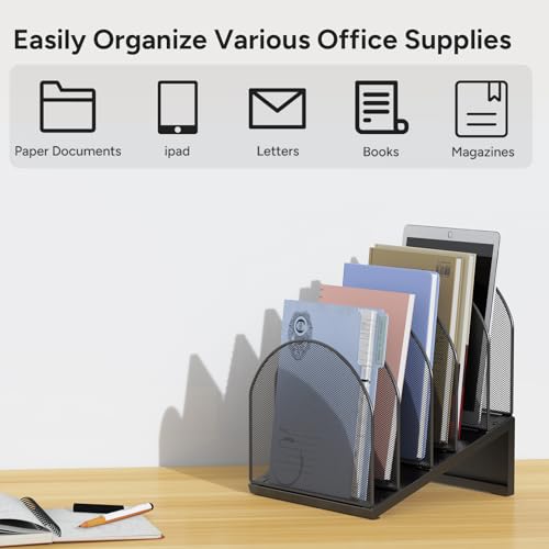 5-Section Desk File Organizer, Metal Mesh Folder Organizer for Documents, Mail & Office Papers (Black) - color: Black