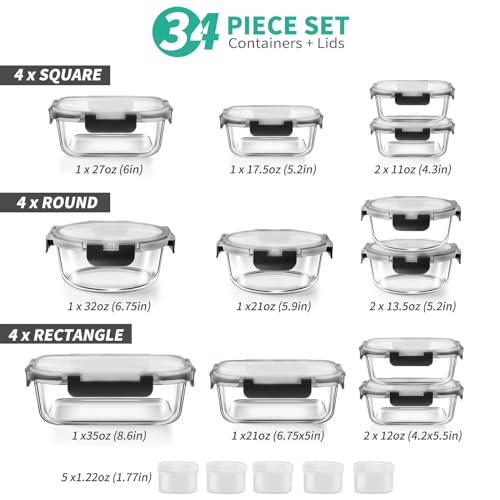 34pcs Glass Food Storage Containers with Lids Set, Airtight Glass Meal Prep Containers (17 Containers & 17 Lids), Leak Proof Lunch Container BPA-Free, Microwave, Oven, Freezer, Dishwasher Safe-Black - color: Black