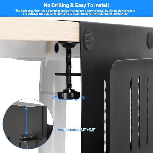 MAXECHO Desk Side Storage, Under Desk Laptop Mount, Table Side Hanging File Organizer, No Drill Clamp On Cable Management Tray, Laptop Holder with Magnetic Pen Holder for Office and Home, Load 22 Lbs - color: Black, size: Single-deck with Pen Holder