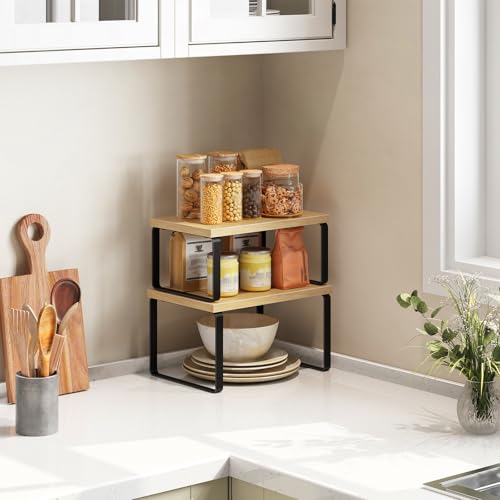 HOOBRO Cabinet Organizer Shelf, Set of 2, Kitchen Countertop Organizer, Kitchen Countertop Shelf, Spice Rack for Counter, Stackable, Expandable for Cabinet, Kitchen, Natural and Black BN33TL01 - color: Natural+ Black