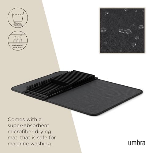 Umbra Udry Dish Rack and Microfiber Drying Mat – Space-Saving Design Folds Up for Easy Storage, Basic Rack, Black - color: Black, style: Basic Rack