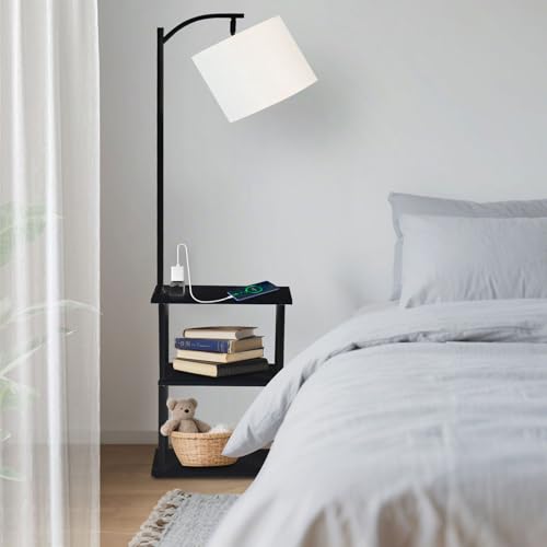 Qupui Floor Lamp with Table, Narrow Side Table with USB-A/USB-C Charging Station and AC Port, 3 Color Temperatures 12W LED Bulb, End Table for Bedroom, Living Room and Home Office, Black - color: Black