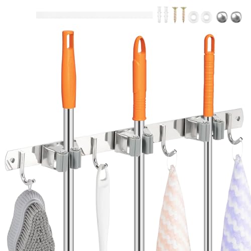5 Pack Broom Holder Wall Mount 3 Racks 4 Hooks Stainless Steel Broom Mop Holder Anti Slip Storage Rack Strong Load Bearing Waterproof Broom and Mop Organizer Wall Hanging for Bathroom Kitchen Garage