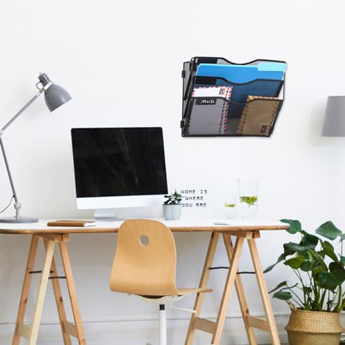 EASEPRES 3 Pocket Mesh Hanging Wall File Organizer with Hangers & Nametag Label, Wall Mounted Mail Paper Document Folder Holder, Clipboard Storage Organization Magazine Rack for Office Cubicle, Black - color: Black, size: 3 Tier & Hangers
