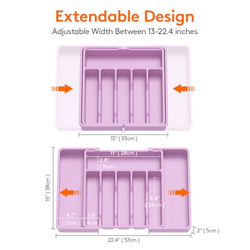 Lifewit Silverware Drawer Organizer, Expandable Utensil Tray for Kitchen, BPA Free Flatware and Cutlery Holder, Adjustable Plastic Storage for Spoons Forks Knives, 13-22 x 15", Purple - color: Purple, size: XL (13-22''W x 15''D)