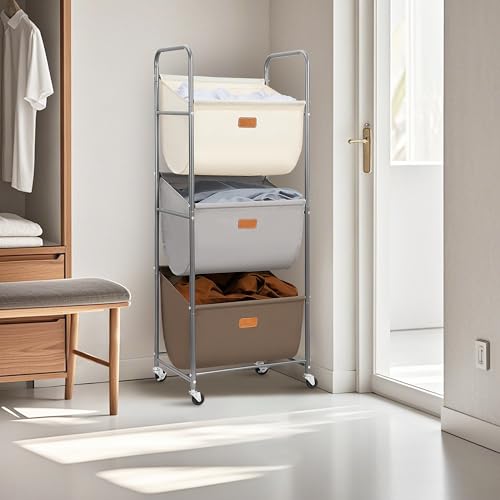 STORAGE MANIAC 120 Liters Vertical Rolling Laundry Hamper, 3 Section Laundry Sorter with Wheels and 2 Breaks, 3-tier Laundry Baskets for Small Space, Dorm, Laundry Room, Closet, Multicolored 3-tier - color: Multicolored, size: 3 Tier