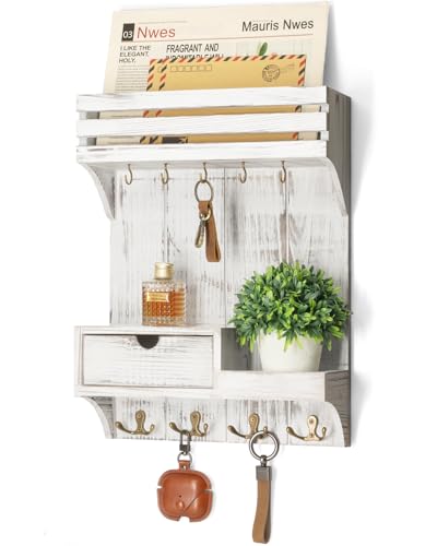 Rebee Vision Farmhouse Key Holder Wall Mount with Mini Drawer Organizer - Decorative Mail Organizer with 9 Key Hooks & Shelf - Ideal Apartment Essentials for Home Decor (Whitewash) - color: Whitewash, style: Small Drawer