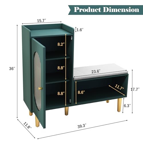 HLR Storage Bench with Glass Door&Shelf, Modern Entryway Shoe Cabinet Bench with Padded Seat, Green L-Shaped Storage Cabinet for Hallway, Bedroom, Living Room, Office - color: Green, size: 1Piece