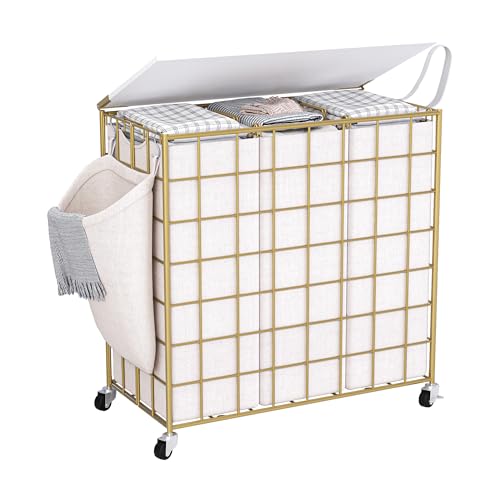 Laundry Basket with Wheels, Heavy Duty Laundry Sorter 3 Sections, 140L (37Gal.) Large Capacity Laundry Hamper with Wood Lid, 360 Rolling Wheels, Extra Side Pocket, Leather Pull Handle, Golden - color: Golden, size: 140L