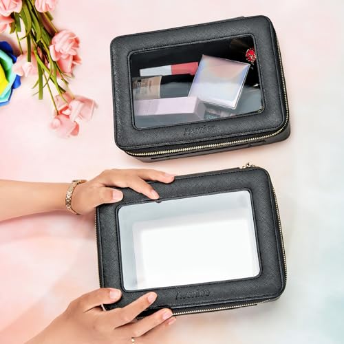Aveniee Clear Makeup Bag Set,Portable Travel Toiletry Bag Cosmetic Case for Women,Vegan Leather Make Up Pouch Organizer Car Bag for Essentials 2pcs,Middle & Large,Black - color: Black, style: Double Style