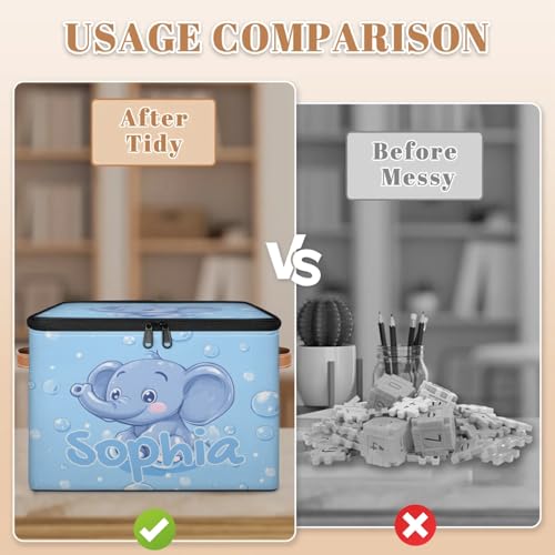 Custom Storage Basket with Name, Personalized Storage Bins with Zipper Lid, Foldable Fabric Storage Box Large capacity with Handle Bubble Elephant - color: Option 18