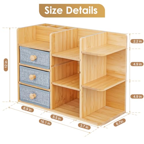 Large Makeup Organizer For Vanity, Large Capacity 3 Tiers Bamboo Bathroom Counter Organizers and Storage, Countertop Makeup Brush Holder, Nail Polish Perfume Stand with 3 Drawers and 10 Compartments - color: Natural Bamboo