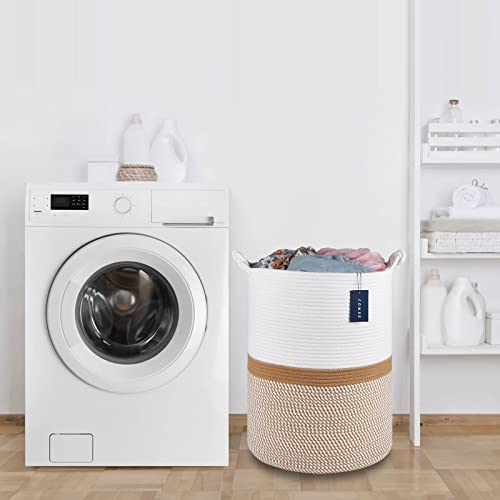 COMSE Extra Large Blanket Basket, Tall Woven Storage Basket, Nursery Hamper, 15.7”x 21.7”, Cotton Rope Laundry Hamper for Toys Clothes Towels, Blend White/Camel - color: Blend White & Camel
