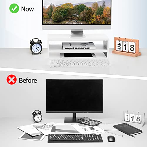 Monitor Stand Riser for Desk, 2 Tiers Laptop Computer Riser for PC Screen, iMac, Desktop Wooden Screen Monitor Stand with Storage Organizer for Home Office, White
