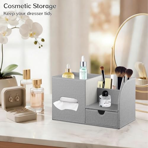 Square Tissue Box Cover with Drawer Storage and Tray on Top, PU Leather Tissues Cube Boxes Holder, Modern Nightstand Organizer Caddy, Remote Control Holder for Bathroom, Bedside, Office, Home - color: Grey Cloth