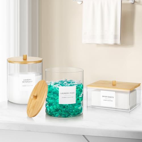 Glass Jars and Acrylic Dryer Sheet Holder, Laundry Pods Container with Bamboo Lid and 27 Labels, Powder Detergent Containers for Laundry Room Organization, Storage Jars Set (3 Pack) - color: White