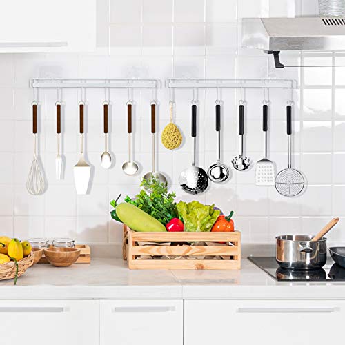 YiZhi Adhesive Wall Hooks Rack Kitchen Rail, Space Saving Utensil Holder No Drilling Wall Mounted Accessory Hanger with 6 Hooks for Kitchen Bathroom Bedroom Pack of 2 (White) - color: White
