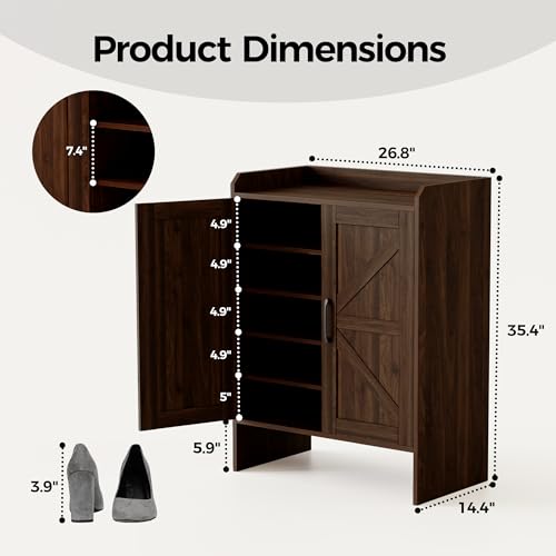 Mericonia Farmhouse Shoe Cabinet with Doors, Modern Large 5-Tier Shoe Storage Cabinet with Adjustable Shelves, Wooden Shoe Organizer for Entryway, Hallway, Closet, Bedroom, Living Room (Walnut) - color: B-walnut