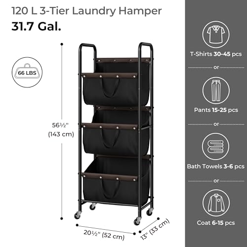 GRANNY SAYS 3 Tier Laundry Sorter, Laundry Basket with Wheels, Laundry Room Organization and Storage, 3 Section Rolling Laundry Cart for Dorm, Bathroom, Bedroom, Closet, Black - color: Black