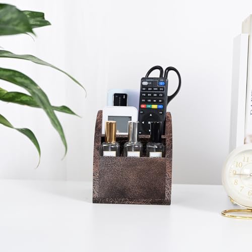 Rustic Vintage Wooden Desk Organizer Farmhouse Wood Remote Control Caddy 3 Slot Tabletop Desktop Office Supply Storage Rack Desktop TV Remote Control Holder Home Decor Office Supplies (Metallic color) - color: Metallic color