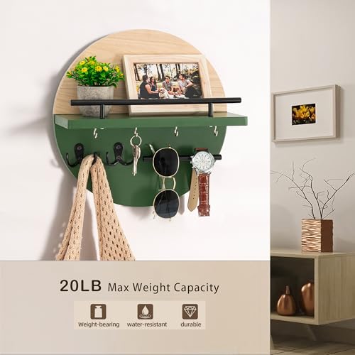 dreampossible Key Holder for Wall Decorative with Shelf and Hooks, Mail Organizer Wall Mount with Sunglasses Holder, Circular Design Entryway Key Rack Hanger, Rustic Home Decor - color: Light brown&Green