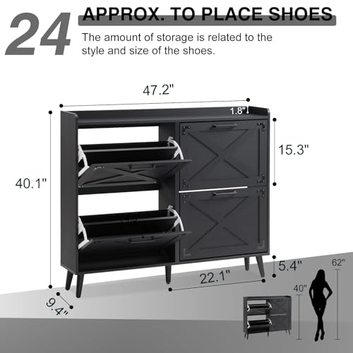 Barnyatoh Shoe Storage Cabinet,Farmhouse Shoe Organizer with 4 Flip Drawers & Barn Door Design,Freestanding Hidden Slim Narrow Shoe Rack Cabinet for Entryway,Foyer,Hallway,Black - color: Black, size: 4-Drawers