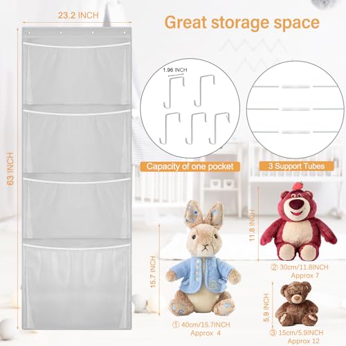 Woodoulogy Hanging Stuffed Animal Storage, Over Door Large Plush Toy Organizer with Metal Hook, Baby Accessory Holder Idea for Nursery, Doll & Bear Mesh Hammock Bag for Girl Boy Kid Room - color: Grey