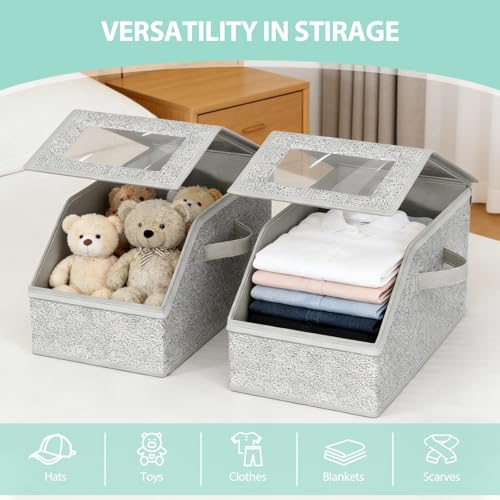 2 PCS Stackable Hat Organizer for Baseball Caps, Clear Window Dustproof Storage Boxes with Cardboard, Holds Up to 30 Caps, Sturdy Closet Hat Storage for Men & Women (Grey)