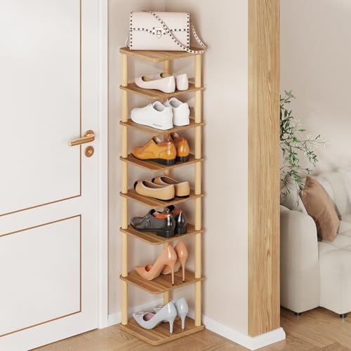 LUCKNOCK Vertical Shoe Rack, 8-Tier Tall Narrow Shoe Organizer for Entryway, Closet, Dorm & Small Spaces, Freestanding Wooden Shoe Shelf Tower for Boots, Sneakers, Heels. (Walnut) - color: Walnut