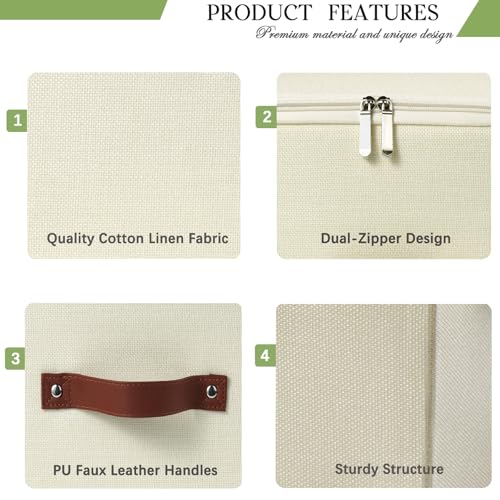 Storage Bins with Zipper Lid Foldable Fabric Lidded Storage Boxes Baskets Cubes Washable Collapsible PU Leather Handle Cotton Linen Shelf Fabric Closet Organizer Container(Beige, Small Size) - color: Beige, size: Small ( Set of 1 )