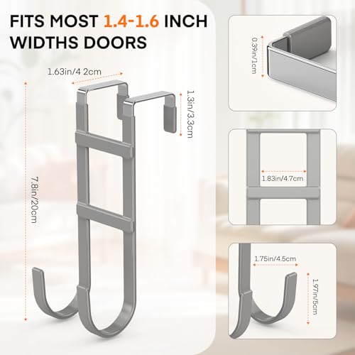 FYY Over The Door Hooks - 4 Pack Heavy Duty Dual-Hook Organizer Hanger for Hanging Towels, Clothes, Hats & Bags Use in Bathroom, Bedroom, Kitchen - Fits Interior Doors Up to 1.6" Grey - color: Gray, size: 7.8" Long, Fit Interior Doors Up to 1.6", style: 4
