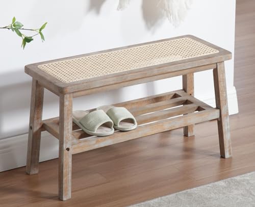 ROCITY Rattan Entryway Bench Wood Bench with Shoe Rack 30 Inch Small Bench Seat Storage Indoor Distressed Wooden Dining Bench Farmhouse Vintage Rustic Accent Bench for Porch/Dining Room/Living Room - color: Wood