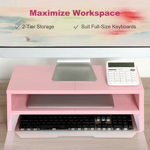 TEAMIX 2 Tiers Pink Monitor Stand Riser, Desktop Stand with Keyboard Storage Small TV Stand Laptop Wooden Desk Organizer Cute Shelf (Pink, 2 Tiers) - color: Pink