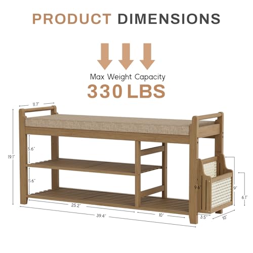 Homaxy 2-Tier Shoe Rack Bench with Side Holder, 39.4 in Bamboo Entryway Bench, Shoe Rack Organizer with Cushion for Front Entrance, Hallway Living Room Bedroom, Walnut and Light Brown - color: Walnut and Light Brown, size: 39.4 in