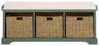 SAFAVIEH Home Collection – Lonan Dusty Green Storage Bench with Seat Cushion, 3 Basket Drawers, Coastal Farmhouse Entryway Design (AMH5733J) - color: Dusty Green