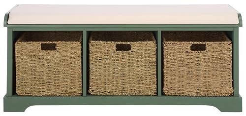 SAFAVIEH Home Collection – Lonan Dusty Green Storage Bench with Seat Cushion, 3 Basket Drawers, Coastal Farmhouse Entryway Design (AMH5733J) - color: Dusty Green