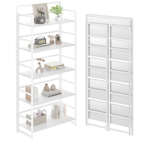 No Assembly Folding Bookshelf, 5 Tiers Collapsible Book Shelf for Home Office, Vintage Wood Foldable Bookcase Storage Organizer for Living Room Bedroom (White) - color: White, size: 5-tier