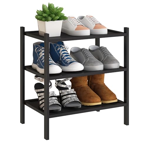 BMOSU 3-Tier Bamboo Small Shoe Rack Premium Stackable Shoe Shelf Storage Organizer for Hallway Closet Living Room Entryway Organizer(Black) - color: Black, size: Small-3-Tier（17*11*18.3inches）
