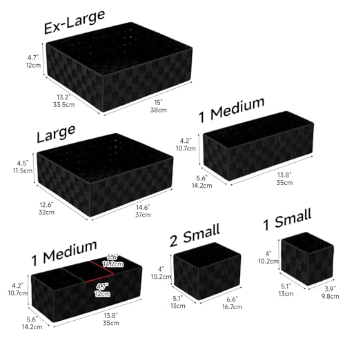 Drawer Organizer, Cube Baskets for Storage Shelves, Handmade Small Woven Basket, Shallow Storage Bins for Organizing Desk, Dresser, Kitchen, Pantry, Nested 7 Pack, Black - color: Black