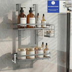 Over the Door Shower Caddy Hanging, Rustproof Shower Shelves with Waterproof Phone Pouch, 2-Tier Adjustable Bathroom Organizers and Storage, No Drilling Shampoo Soap Shelf (Silver 2-Tier) - size: Silver 2-Tier