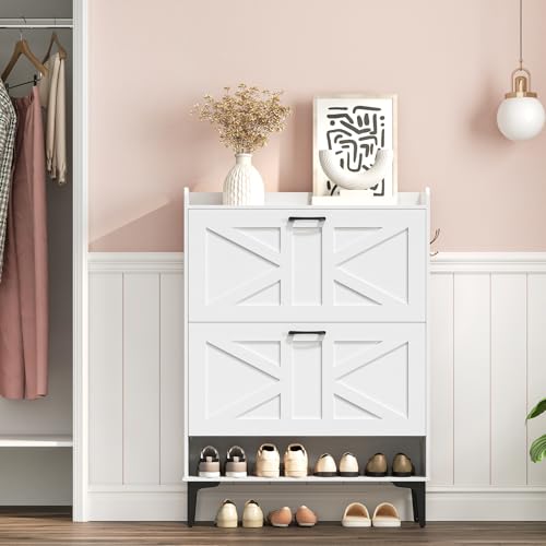 MAHANCRIS Shoe Storage Cabinet, Shoe Organizer with 2 Flip Drawers, Hidden Shoe Storage for Entryway, Freestanding Organizer with Open Storages, White SHWT9401 - color: White