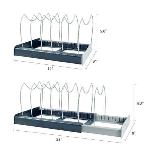 Pot and Pan Organizer Rack for Cabinet - Expandable 12" to 22" Kitchen Cabinet Organizer with 7 Dividers, Heavy-Duty ABS Base for Lids, Cutting Boards, Bakeware, Cookware Storage, Grey - color: Deep Grey + Light Grey