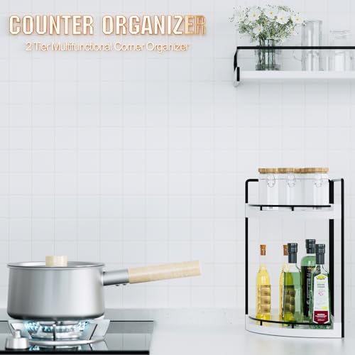 Corner Bathroom Counter Organizer, 2 Tier Wood Vanity Storage, Waterproof Skincare Shelf for Kitchen & Toiletries Decor, Dresser (White-2 Tier) - color: White-2 Tier