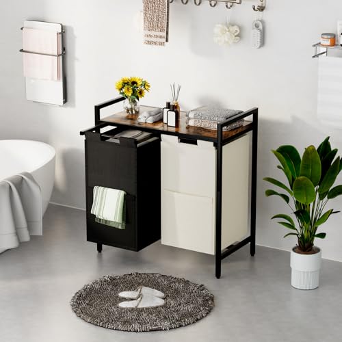 Huhote Double Compartment Laundry Basket, Laundry Sorter with Top Shelf, 2 Removable Washable Bags, Side Pockets, Black & White - color: 2 bags-White&Black